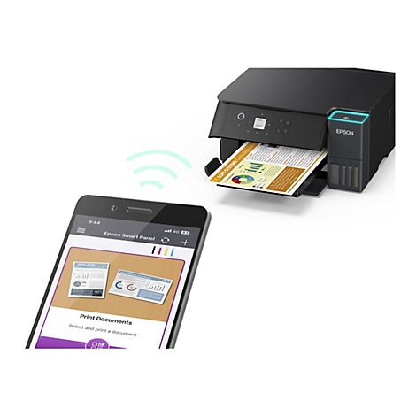 Schwarzer Drucker druckt ein Dokument, während ein Smartphone die Epson Smart Panel App zeigt. WLAN-Symbole verdeutlichen die drahtlose Verbindung.