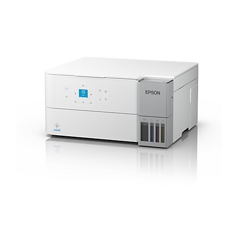 Weißer Drucker vor hellem Hintergrund. Bedienfeld, Tintenbehälter und Markenlogo „Epson“ sind zu sehen.
