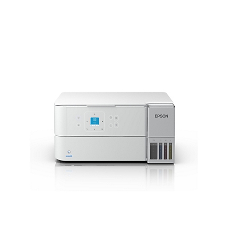 Ein weißer Epson-Drucker mit farbigen Tintenbehältern. Auf der Vorderseite befindet sich ein Display mit der Option "Kopieren".