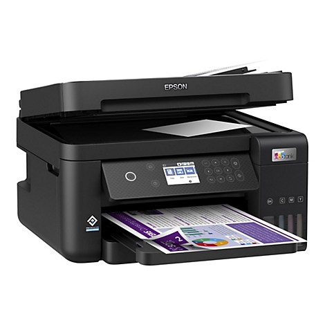 Schwarzer Epson-Multifunktionsdrucker, Papier in der Ausgabefach. Aufdruck EPSON.