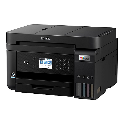 Schwarzer Epson Drucker mit Bedienfeld und TintenbehÃ¤ltern.