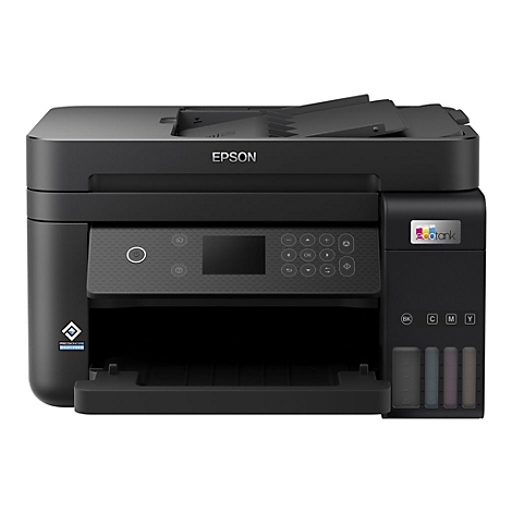 Schwarzer Epson EcoTank Drucker mit geÃ¶ffnetem Papierfach und geÃ¶ffneter Abdeckung oben. Tastenfeld, Display und Tintenstandsanzeige sind sichtbar.