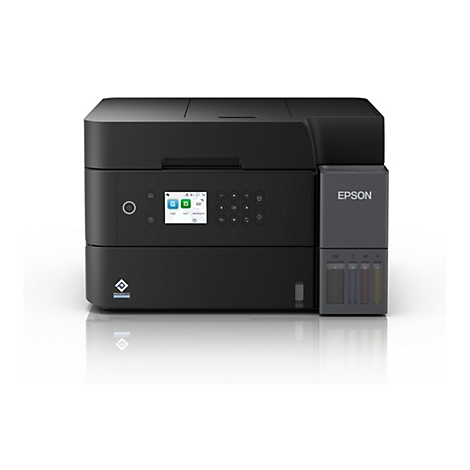 Schwarzer Tintenstrahldrucker, Blick auf die Front, mit Bildschirm, Tasten, Epson-Logo und Tintenbehältern.