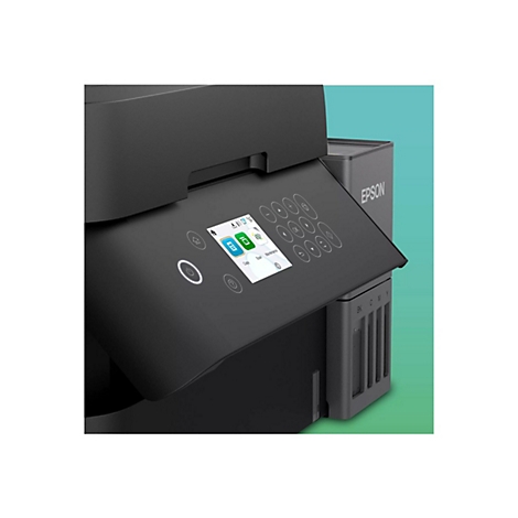 Gros plan d'une imprimante Epson noire avec un écran et des boutons de commande. L'écran affiche des icônes et des options telles que "Copier", "Scanner" et "Maintenance".