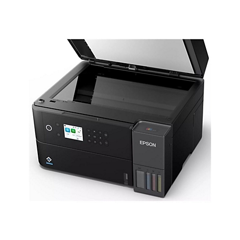 Imprimante multifonction Epson noire avec couvercle ouvert et écran couleur. Réservoirs d'encre sur le côté.