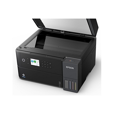 Imprimante noire avec couvercle ouvert et écran couleur. La marque Epson est clairement visible.