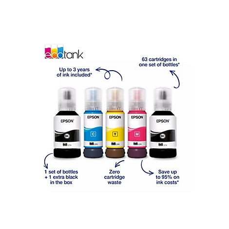 Cinq bouteilles d'encre d'Epson. Noir, cyan, jaune, magenta et un autre noir, alignés. Bouteilles avec étiquettes et écriture. Des flèches pointent vers le texte décrivant les avantages.