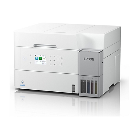 Ein weißer Drucker der Marke Epson. Auf dem Bedienfeld befinden sich Symbole für Kopieren, Scannen und Wartung. Links unten befindet sich das Logo "PRECISIONCORE HEAT-FREE".