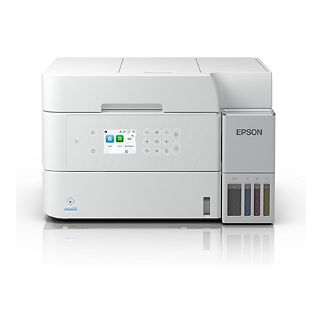 Hellgrauer Tintenstrahldrucker, Bedienelemente mit Display, darunter die Funktionen Kopieren, Scannen und Wartung, links ein Power-Button.