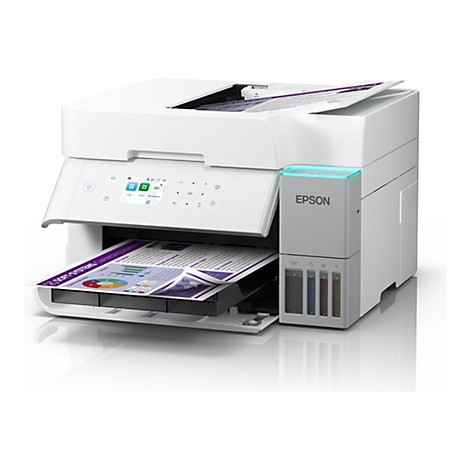 Weißer Drucker mit Bedienfeld und Papierauswurf. Ein Ausdruck mit Diagrammen liegt im Ausgabefach. Der Drucker hat einen grauen Bereich mit den Tintenfarben.