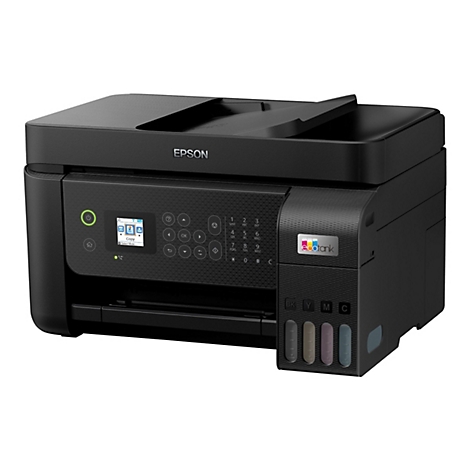 Schwarzer Epson EcoTank Drucker. Sichtbar sind: Bedienfeld, Tasten, Display mit Optionen, Tintenbehälter und das Epson Logo.