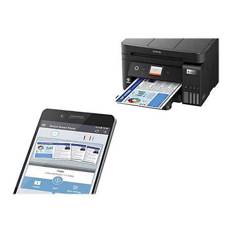 Schwarzer Drucker druckt ein farbiges Dokument. Ein Smartphone zeigt die Epson Smart Panel App.