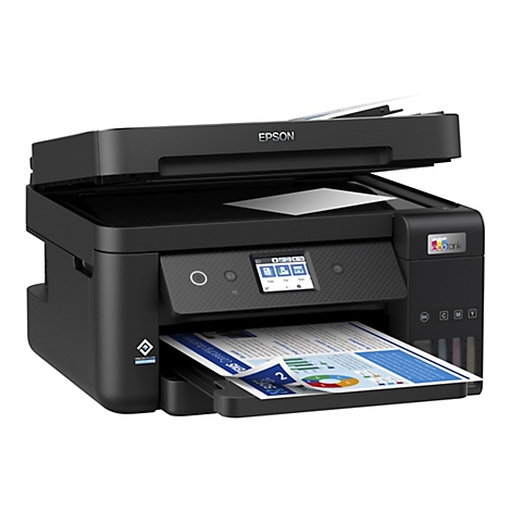 Schwarzer Epson EcoTank Multifunktionsdrucker mit offener Scannerabdeckung und bedrucktem Blatt Papier im Ausgabefach.