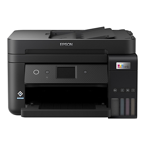 Schwarzer Epson EcoTank Multifunktionsdrucker in der Frontansicht mit Tintentanks.