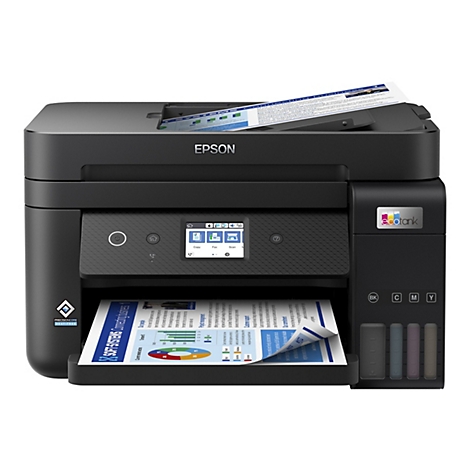 Schwarzer Epson EcoTank Multifunktionsdrucker mit Tintentanks vorne und bedrucktem Papier im Ausgabefach.