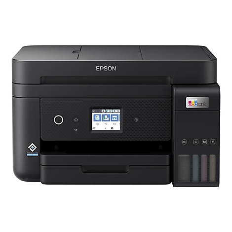 Schwarzer Epson EcoTank Multifunktionsdrucker mit Tintentanks vorne und Touchscreen-Display.