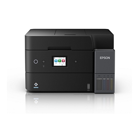 Schwarzer Epson-Drucker mit Farbdisplay und Tintenbehältern. Das Display zeigt Optionen wie Kopieren, Scannen und Faxen. Das Epson-Logo ist deutlich sichtbar.