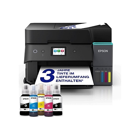 Schwarzer Epson Tintentankdrucker mit Tintenflaschen und Textaufdruck über 3 Jahre enthaltene Tinte.