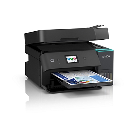 Schwarzer Epson Multifunktionsdrucker mit Tintentanks und einem ausgedruckten Farbdokument im Ausgabefach.