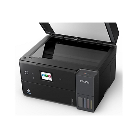 Schwarzer Epson EcoTank-Drucker mit geöffnetem Scannerdeckel, Touchscreen-Display und sichtbaren Tintentanks.