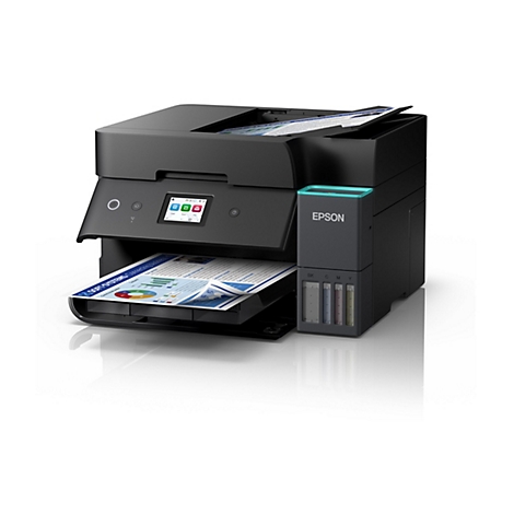 Schwarzer Epson EcoTank-Drucker mit Tintentanks vorne und Touchscreen-Display.