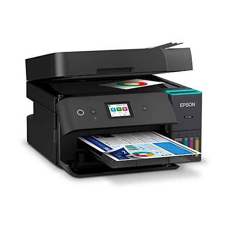 Schwarzer Epson EcoTank ET-4955 Multifunktionsdrucker mit Tintentanks und farbigen Diagrammen auf Papier.