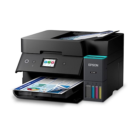 Schwarzer Epson ET-4955 Tintentankdrucker vor weißem Hintergrund mit eingelegtem Dokument.