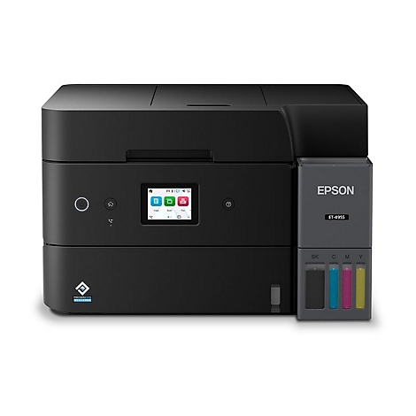 Schwarzer Epson EcoTank ET-4955 Drucker mit integriertem Tintentank-System und Farb-Touchscreen an der Vorderseite.
