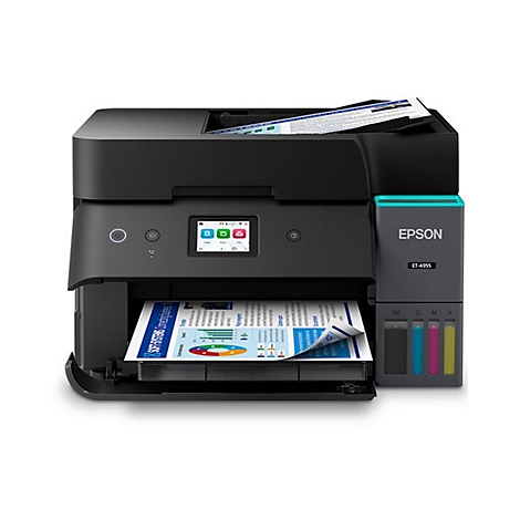 Epson ET-4955 Tintentank-Multifunktionsdrucker in Schwarz mit sichtbaren Farbtanks auf weißem Hintergrund.