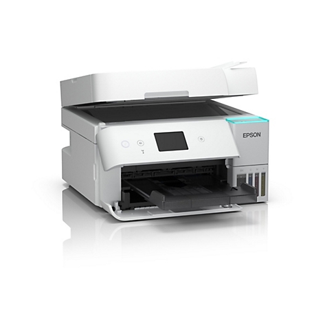 Weißer Epson Tintenstrahldrucker mit offenem Scannerdeckel und sichtbaren Tintentanks auf weißem Hintergrund.