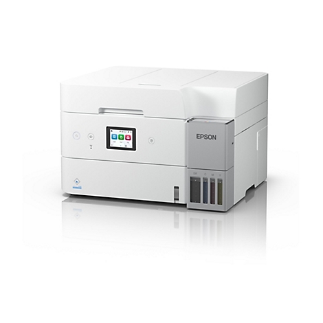 Ein weißer Tintenstrahldrucker, Vorderansicht. Auf dem Gehäuse befindet sich das Epson Logo und ein kleines Display.