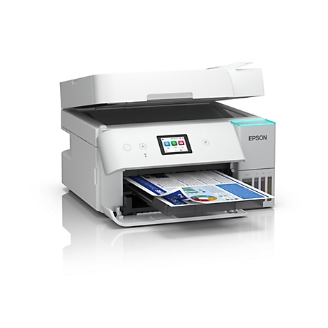 Une imprimante blanche avec le couvercle ouvert, imprimant un graphique imprimé. Diverses fonctions sont affichées sur l'écran. Le logo Epson est visible.