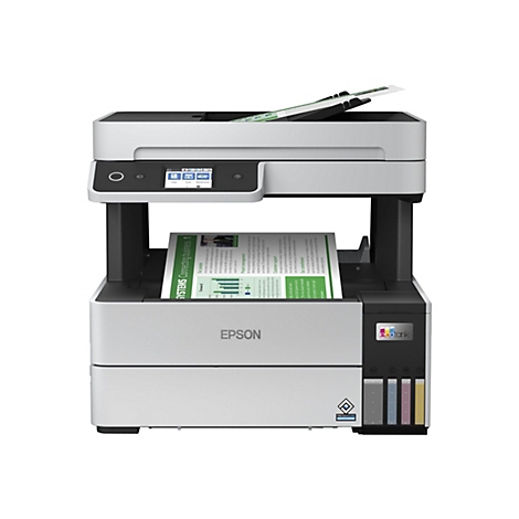Ein weiß-schwarzer Epson EcoTank Multifunktionsdrucker. Auf dem Display sind Funktionen wie Kopieren, Scannen und Wartung abgebildet. Ein bedrucktes Papier wird gerade ausgeworfen.