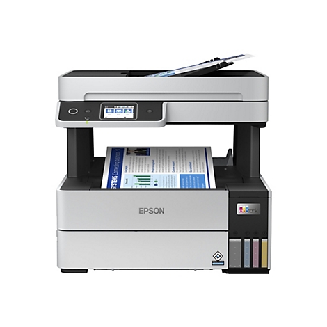 Une imprimante blanche et grise avec une unitÃ© de numÃ©risation ouverte, avec du papier avec du texte. L'avant dit EPSON.