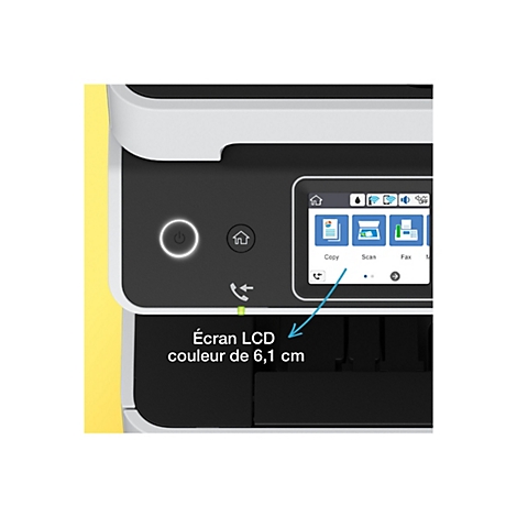 Gros plan sur le panneau de commande d'une imprimante. L'Ã©cran affiche des options telles que copier, scanner et faxer. En dessous, le texte : Ã‰cran LCD couleur de 6,1 cm.