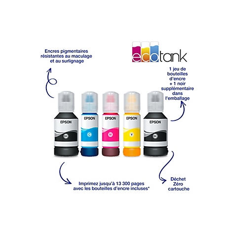 Fünf Epson EcoTank Tintenflaschen (Schwarz, Cyan, Magenta, Gelb, Schwarz) mit Produktvorteilen und Logo.