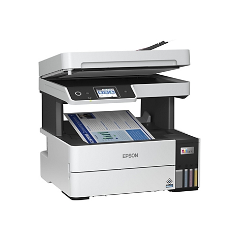 Weiß-schwarzer Epson EcoTank Multifunktionsdrucker mit Tintentanks vorne und bedrucktem Blatt im Ausgabefach.