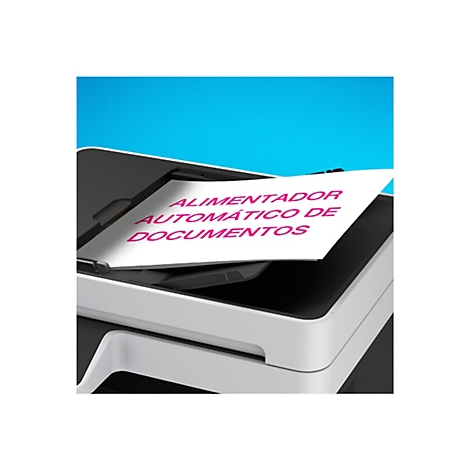 Nahaufnahme eines Teils eines Druckers mit einem Blatt, auf dem in pinker Schrift "ALIMENTADOR AUTOMÁTICO DE DOCUMENTOS" steht.