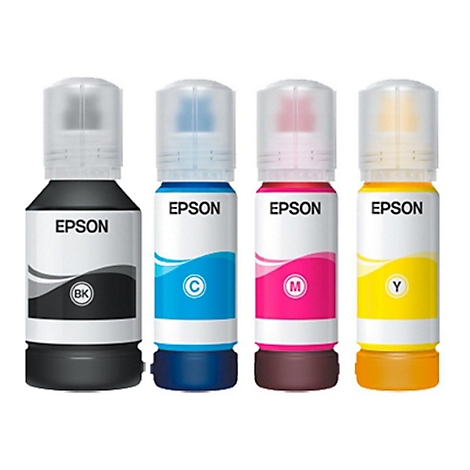 Vier Tintenflaschen von Epson in den Farben Schwarz, Cyan, Magenta und Gelb. Jede Flasche hat einen transparenten Deckel.