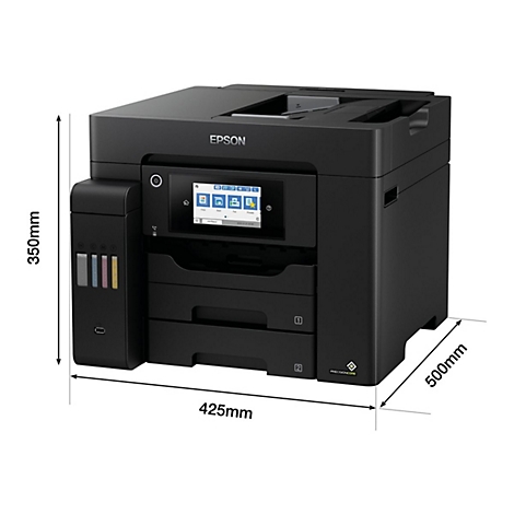Schwarzer Epson-Multifunktionsdrucker. Auf dem Touchscreen werden Optionen angezeigt. Maße: 425x500x350mm.