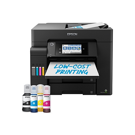 Schwarzer Drucker mit blauem Text "LOW-COST PRINTING" auf dem bedruckten Papier. Dazu Patronen in Schwarz, Blau, Gelb und Magenta.