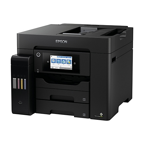 Schwarzer Epson-Multifunktionsdrucker. Das Gerät verfügt über ein Farbdisplay und zwei Papierschubladen. Ein großer Tintenbehälter ist an der Seite sichtbar.