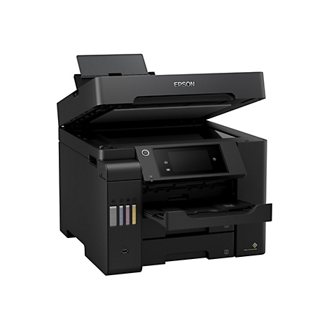Schwarzer Drucker mit offenem Deckel. Epson Logo oben. Farbtanks sichtbar, Display mit Symbolen.
