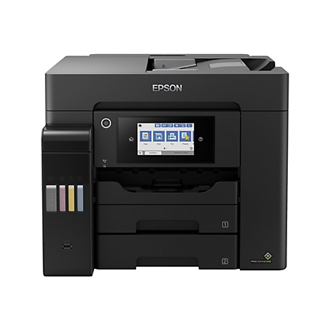 Schwarzer Drucker von Epson mit Farbdisplay und Tintenpatronen. Bedienfeld zeigt Kopie, Scannen, Faxen, Voreinstellungen. Präzisionskern-Logo rechts unten.