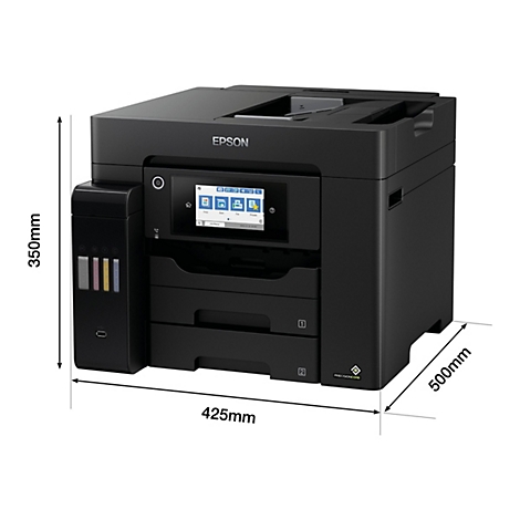 Schwarzer Epson-Multifunktionsdrucker mit Touchscreen, Papierfächern und Tintentanks. Maße: 425x500x350mm.