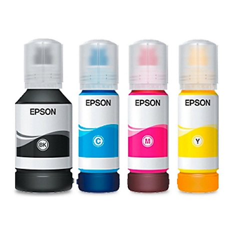 Vier Tintenflaschen von Epson in Schwarz, Blau, Magenta und Gelb. Auf jeder Flasche steht das Logo Epson.