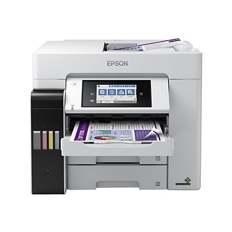 Imprimante multifonction Epson blanche avec Ã©cran couleur, sortie d'impression, documents.