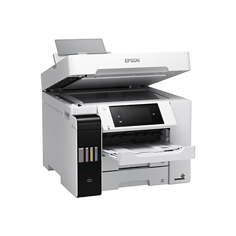 Imprimante multifonction Epson blanche avec couvercle ouvert et bac Ã  papier sorti. La marque Epson est affichÃ©e sur l'Ã©cran.