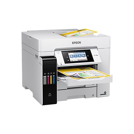 Imprimante Epson blanche avec Ã©cran tactile et indicateurs d'encre couleur, processus d'impression.