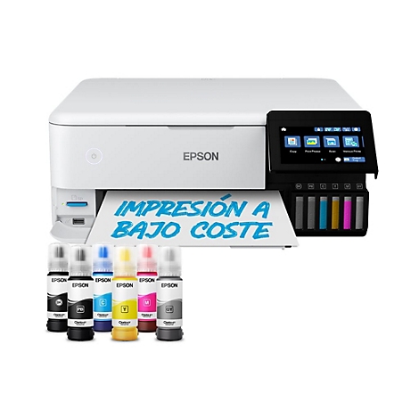WeiÃŸer Epson-Drucker mit schwarzem Display und Tintenflaschen. Schriftzug IMPRESIÃ“N A BAJO COSTE.
